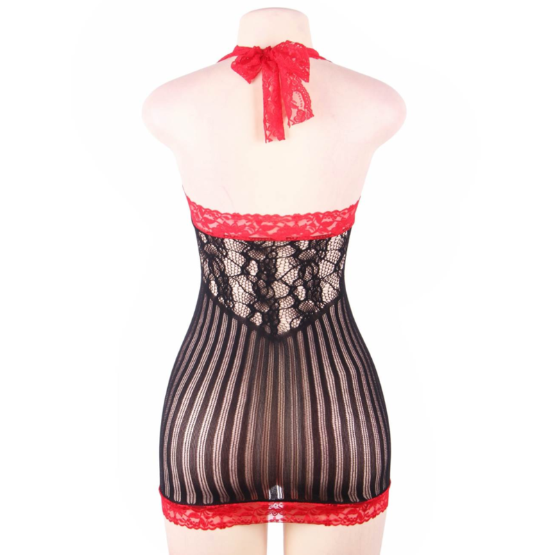 QUEEN LINGERIE - BLACK AND RED CROTCHET CHEMISE S/L