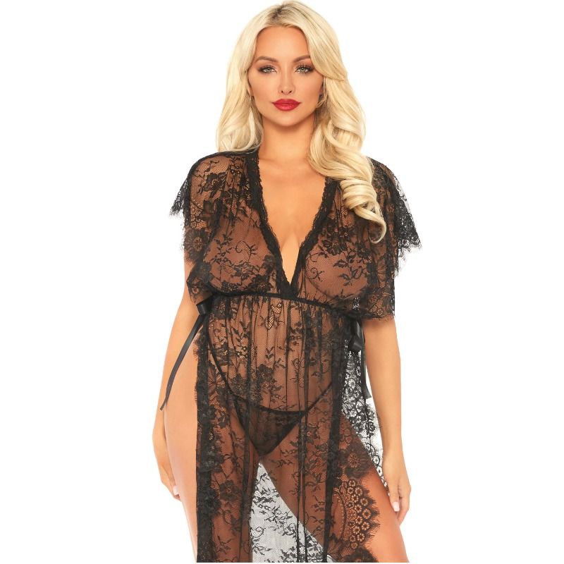 LEG AVENUE - 2 PIECES SET LACE KAFTEN ROBE AND THONG S/M