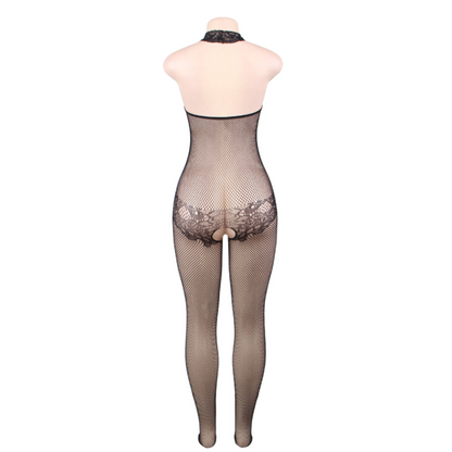 QUEEN LINGERIE - BODYSTOCKING WITH OPENING AND FLORAL LACE S/L