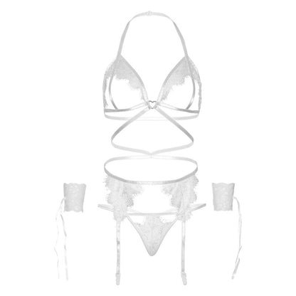 LEG AVENUE - FOUR PIECES SET BRA, G-STRING, GARTER BELT & WRIST CUFFS ONE SIZE - BLACK