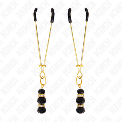 KINK - GOLD THIN NIPPLE CLAMPS WITH 3 BLACK GLASS BEADS 7 CM